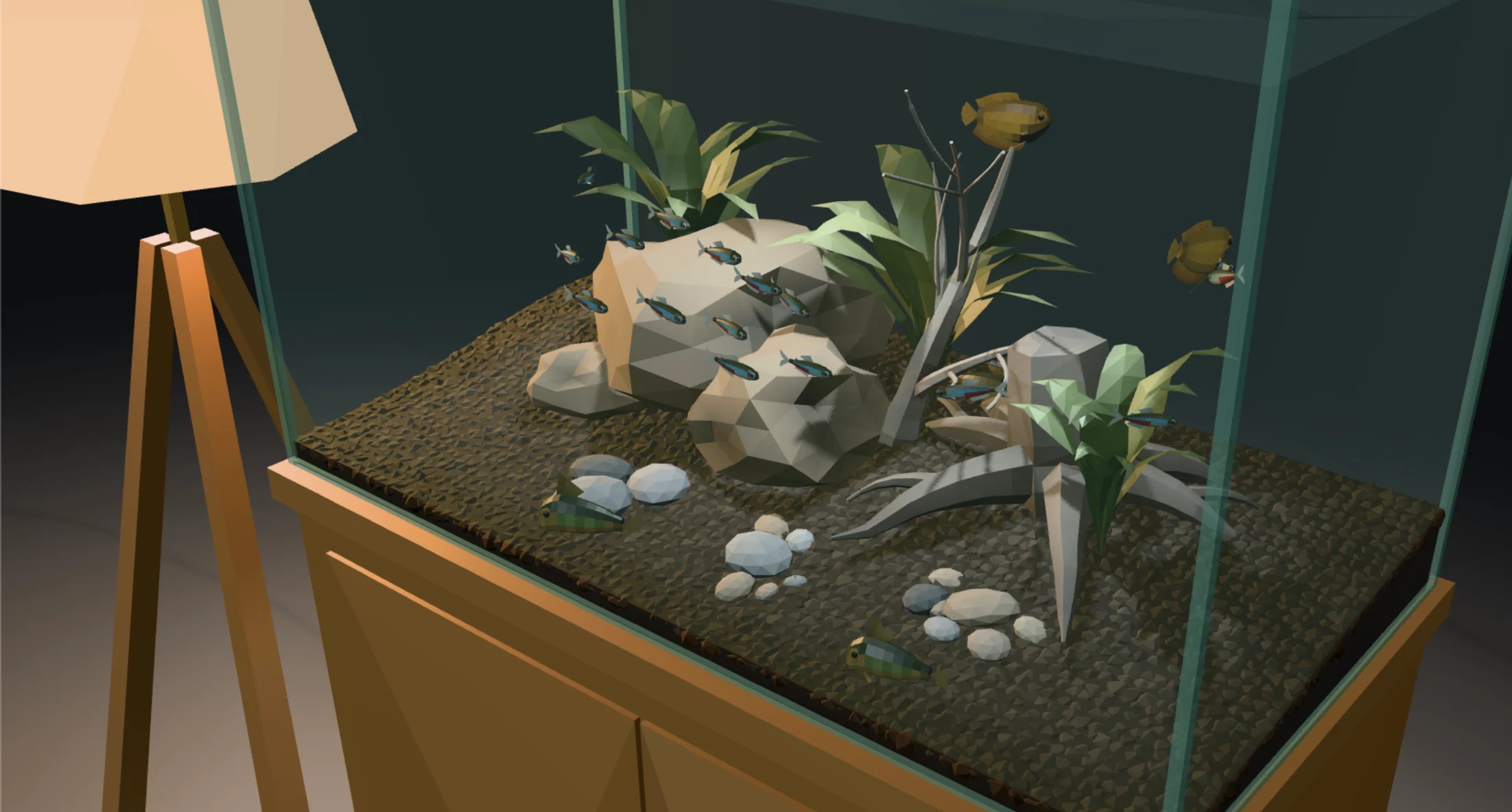 The Aquascaper Studio builder showing a low-poly aquarium on a wooden cabinet beside a floor lamp, with stone, driftwood root, pebbles, plants and a school of fish