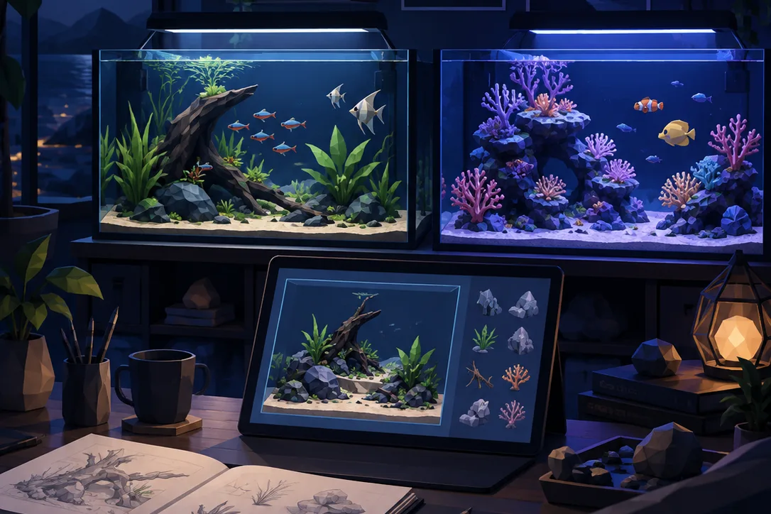 A low-poly illustration of a desk at night with a planted tank and a reef tank, a tablet showing a scape plan and a sketchbook of hardscape