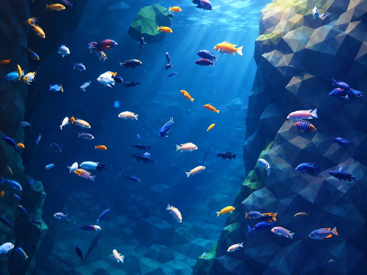 A low-poly illustration of colourful fish swimming between two rock walls in deep blue water