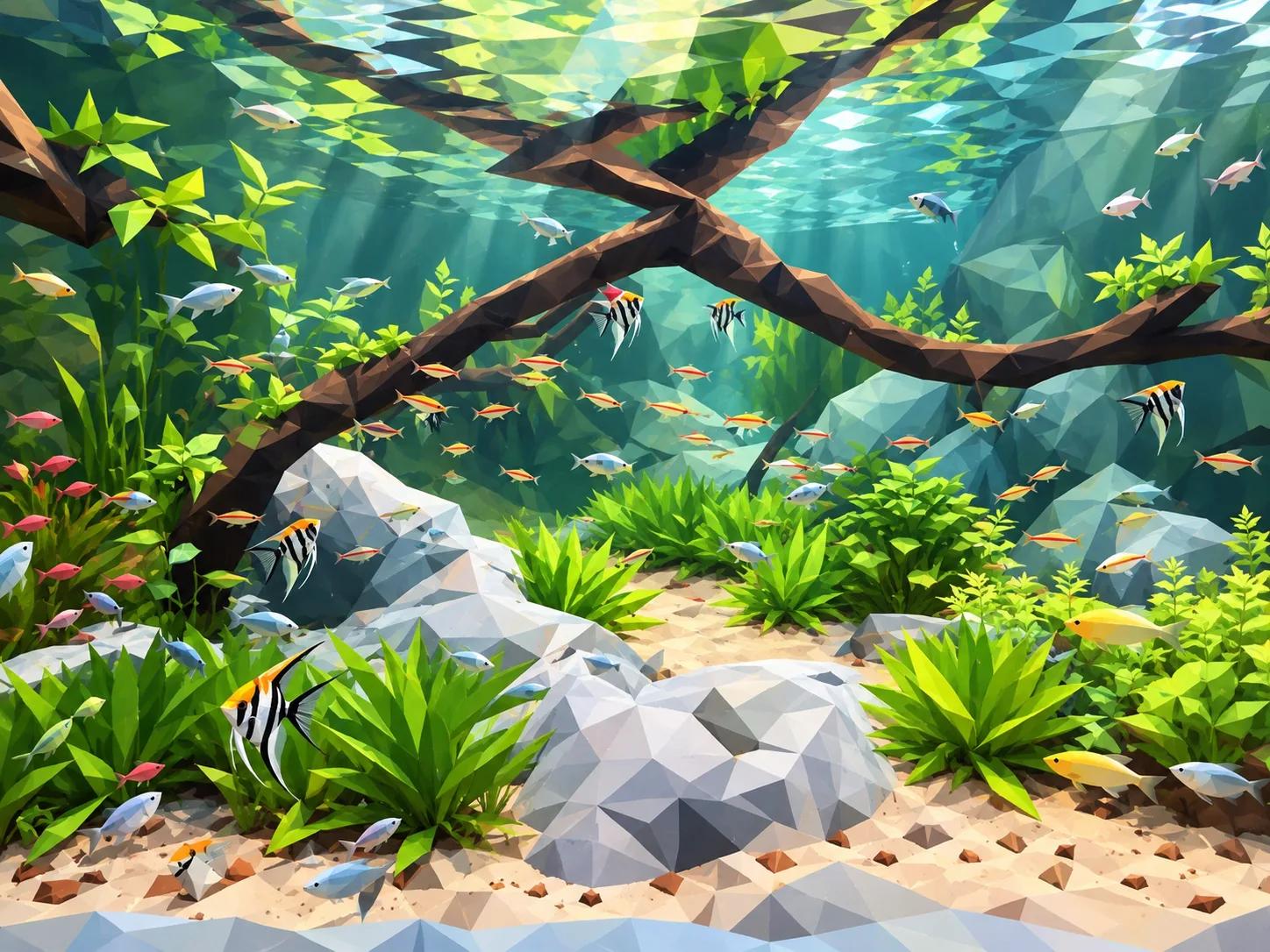 A low-poly illustration of a planted freshwater aquarium with driftwood, pale stone and a school of tetras and angelfish