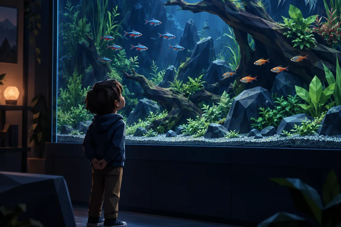 A low-poly illustration of a child in a dark room looking up at a large planted aquarium