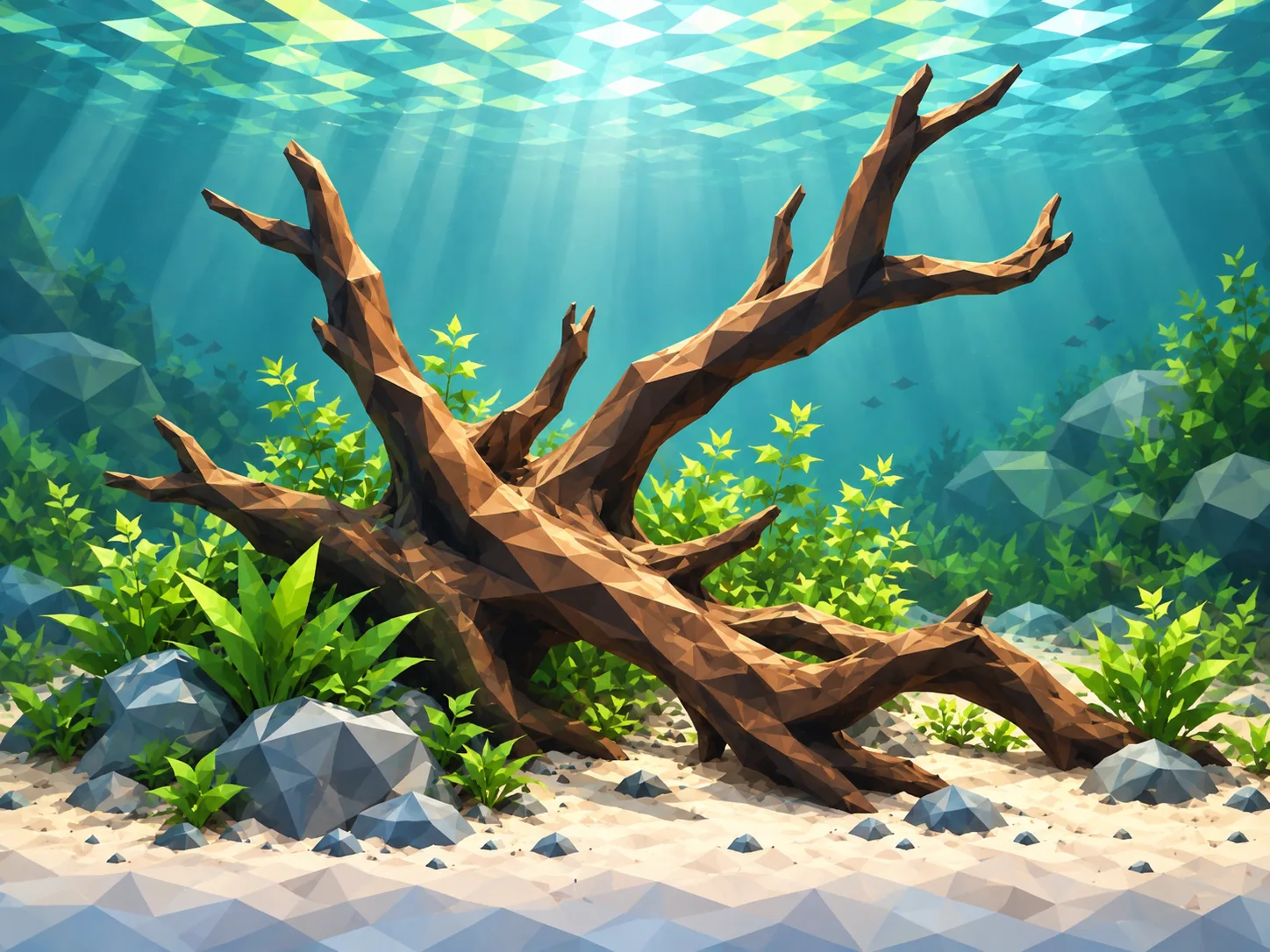 A low-poly illustration of a large branching driftwood piece over sand, with stones and plants under rippling light