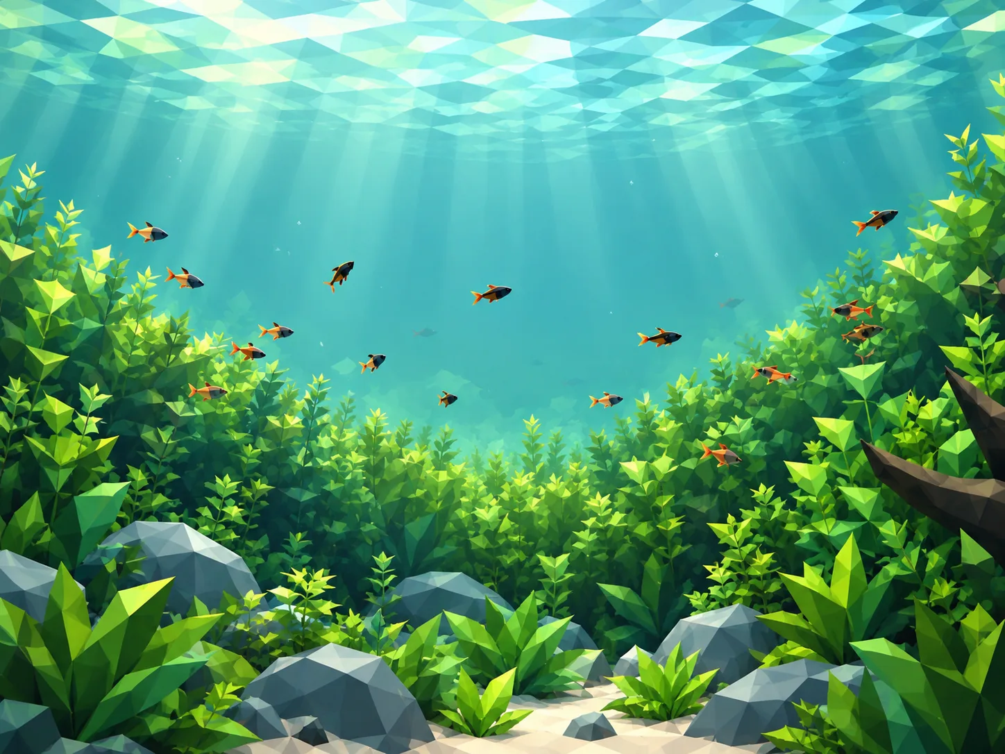 A low-poly illustration of a densely planted aquarium with stone and sand, and a small school of tetras under rippling light