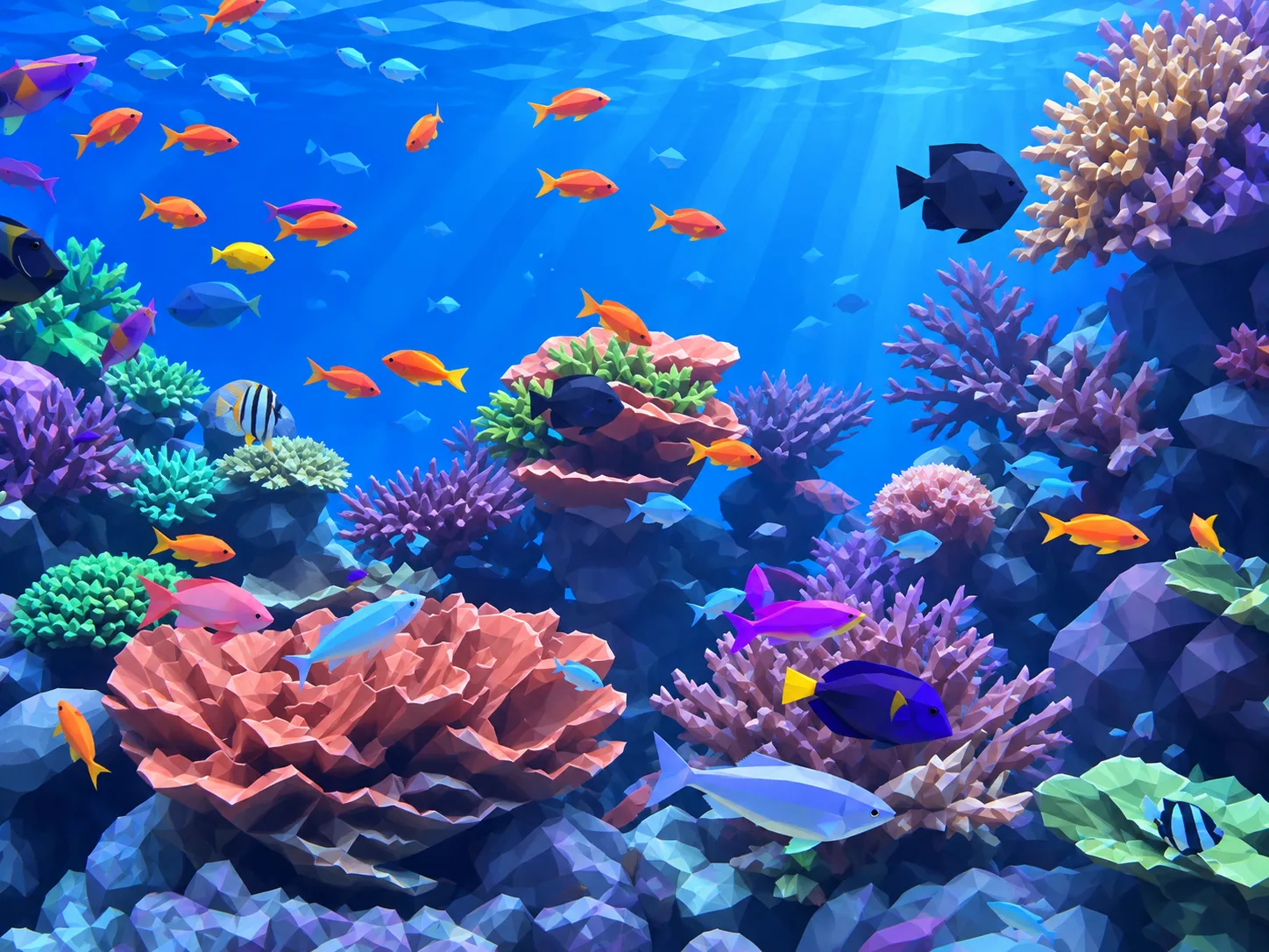 A low-poly illustration of a coral reef with anthias and tangs swimming in open blue water