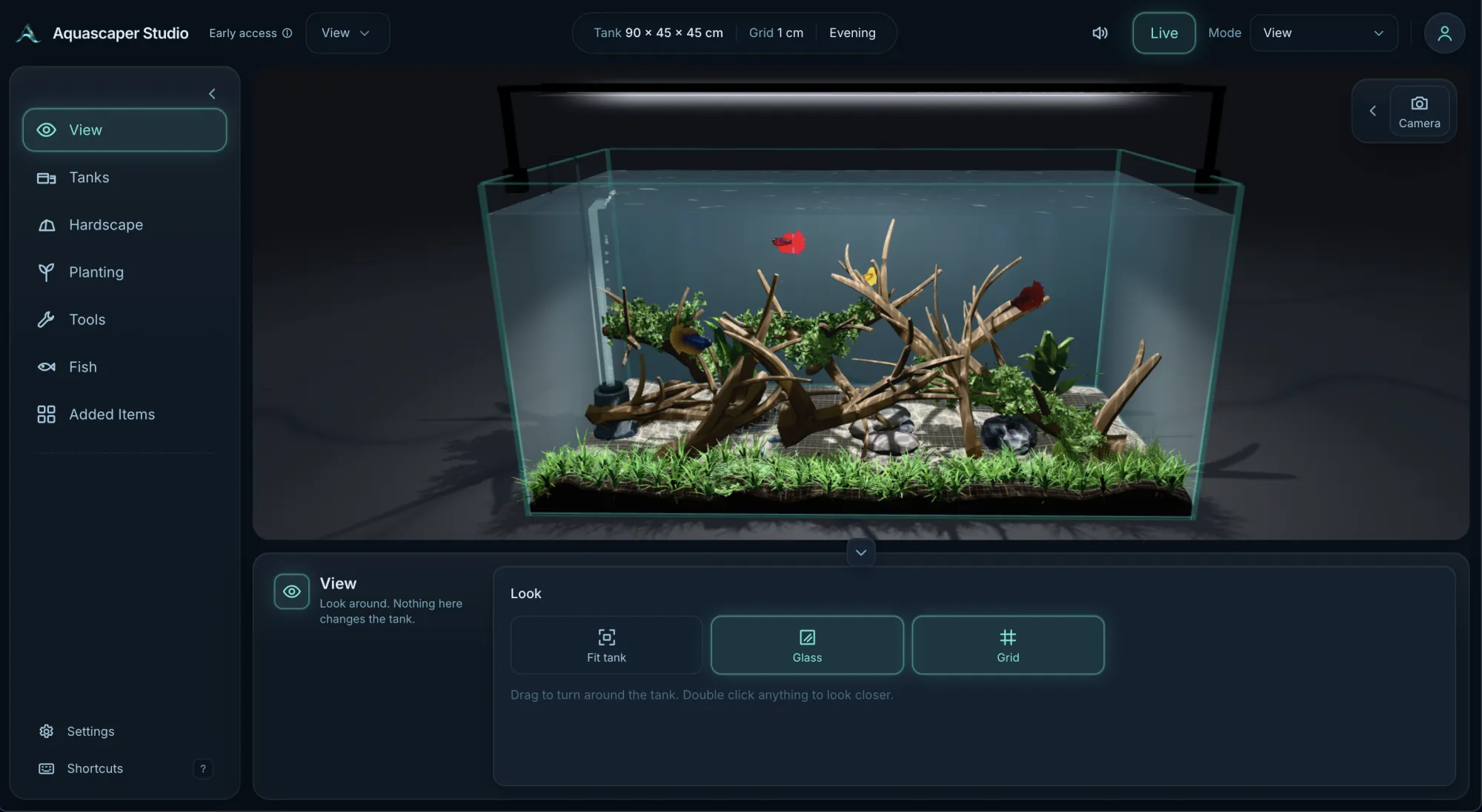 The Aquascaper Studio editor with a 90 by 45 by 45 cm tank of driftwood, plants and fish, and the tanks, hardscape, planting, tools and fish steps down the left