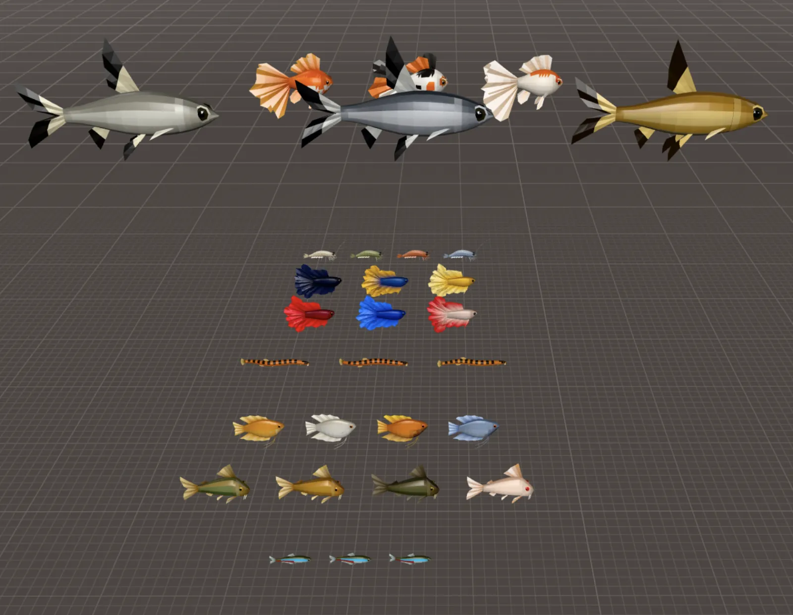 The asset sheet showing every freshwater species side by side at true size, from neon tetras to a bala shark, with each colour form of the betta