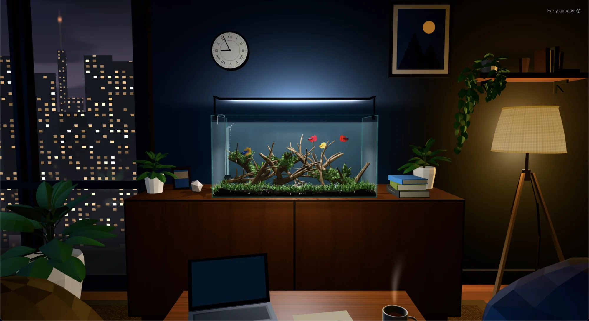The live view: the finished aquarium lit on a wooden cabinet in a dark room at night, with a city window, a floor lamp and a desk in front of it