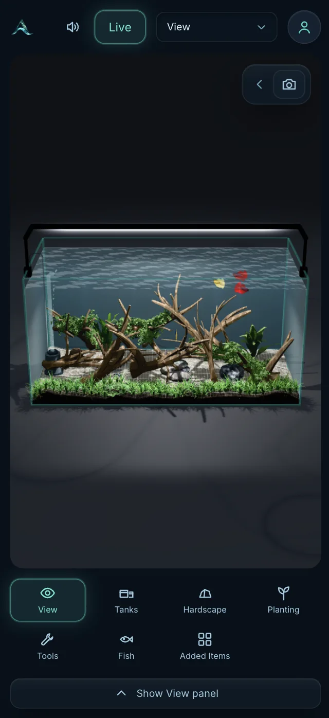 The aquarium on a phone with the tool panel closed, the tank filling the screen above the steps