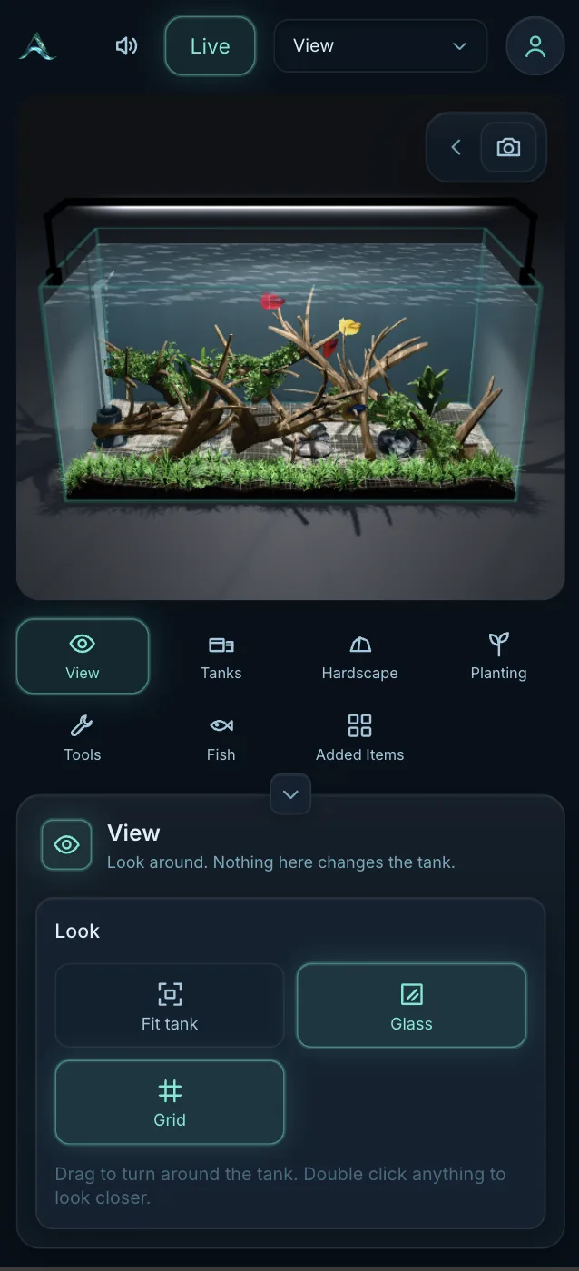 The aquarium on a phone with the View panel open under the tank, showing the fit tank, glass and grid controls