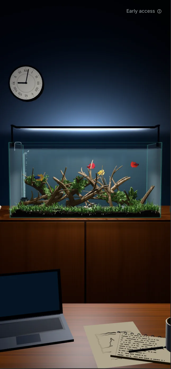 The live view on a phone: the lit aquarium on a cabinet in a dark room, seen in portrait